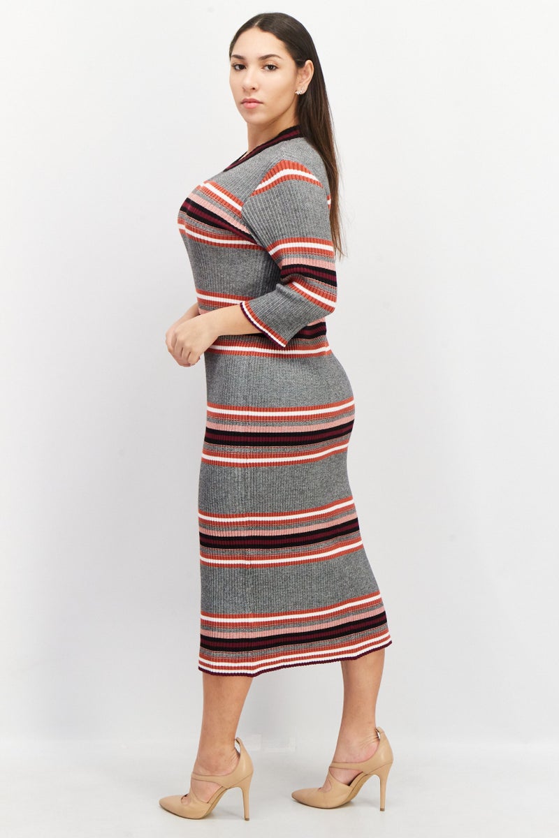 French Connection فستان ميدي محبوك بنمط ملون بأكمام 3/4 للنساء، رمادي - Image 3